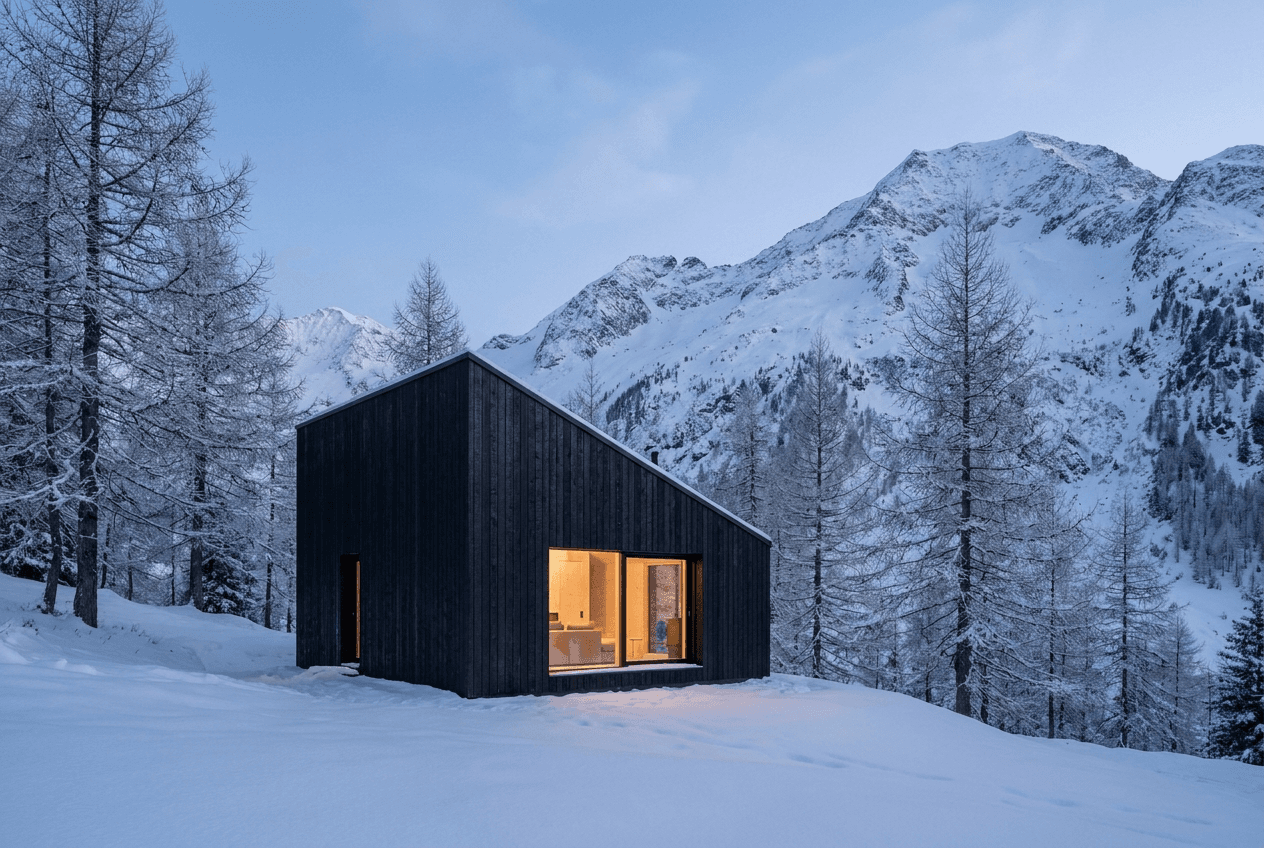 Tarn cabin in alpine landscape