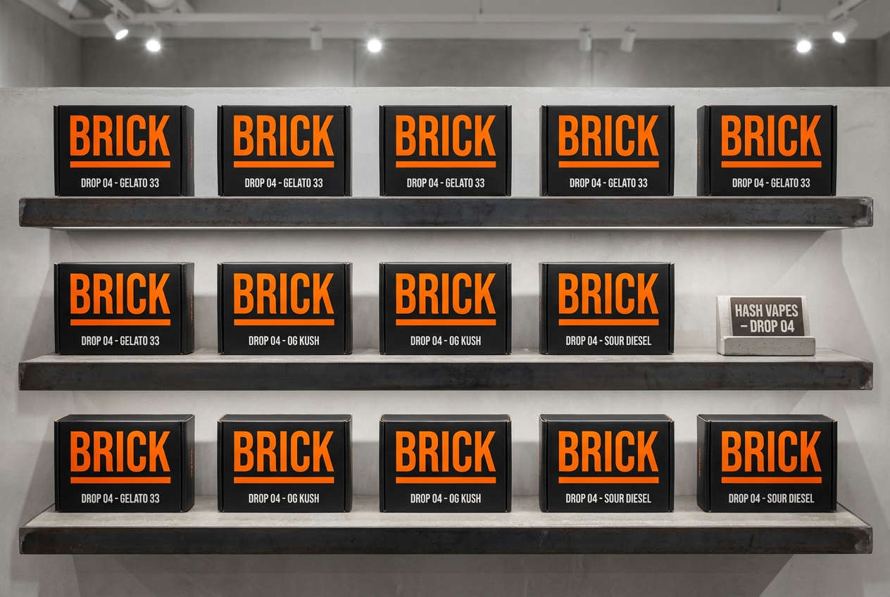 Brick on the shelf &mdash; museum-style grid in concrete-and-orange