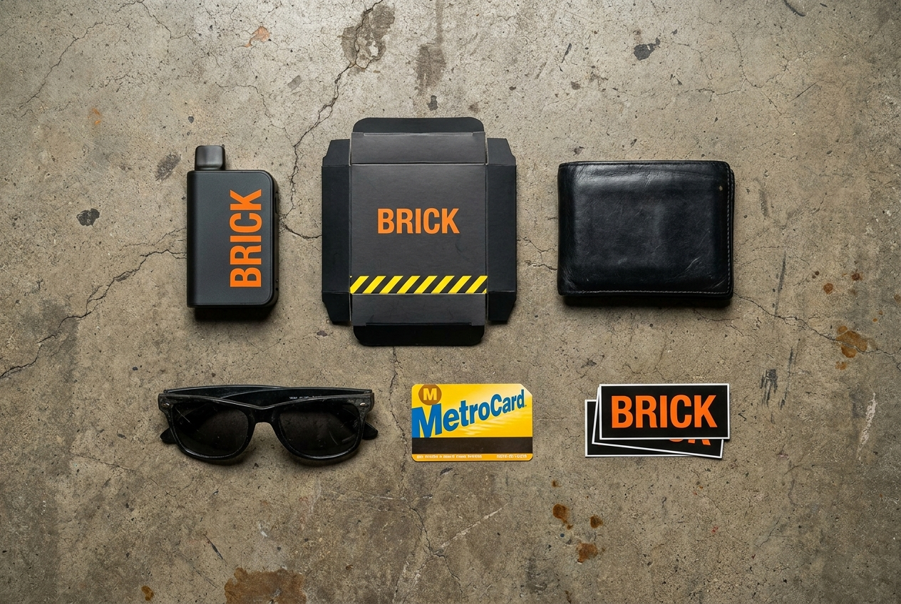 Brick flatlay &mdash; urban kit on concrete