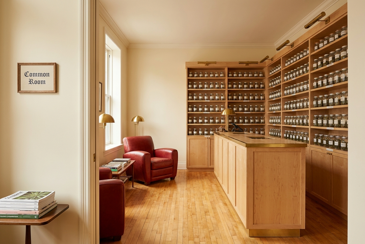 Common Room interior &mdash; warm cream walls, maple shelving, leather chair