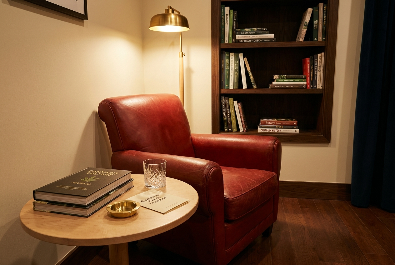 The member&rsquo;s lounge &mdash; leather chair, side table, brass lamp