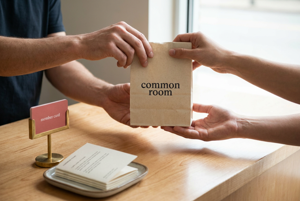 Hands handing over a Common Room carry bag