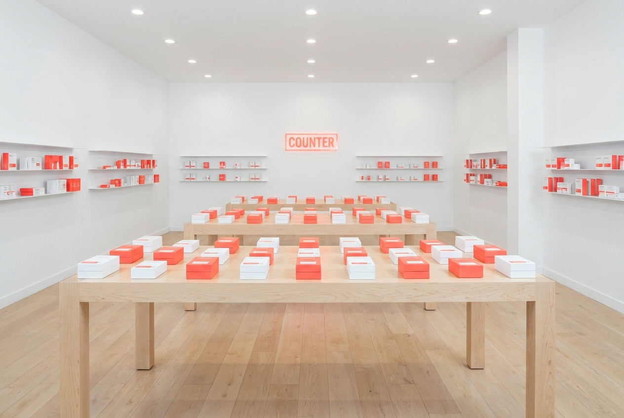 Counter SoMa interior — display tables, white walls