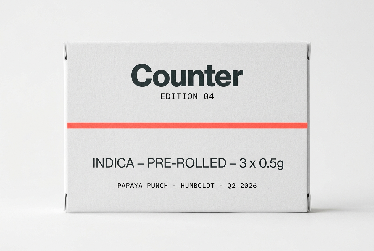 Counter Edition product box &mdash; rigid white cardboard with coral accent rule