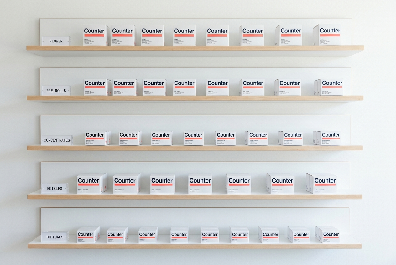 Counter shelf wall &mdash; museum-style grid of product boxes
