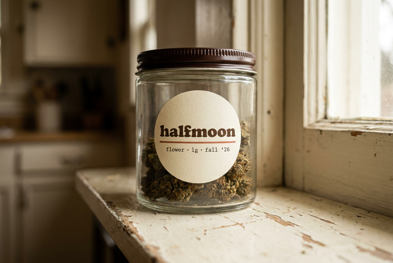 Halfmoon glass flower jar with circular cream-paper label and chocolate-brown lid