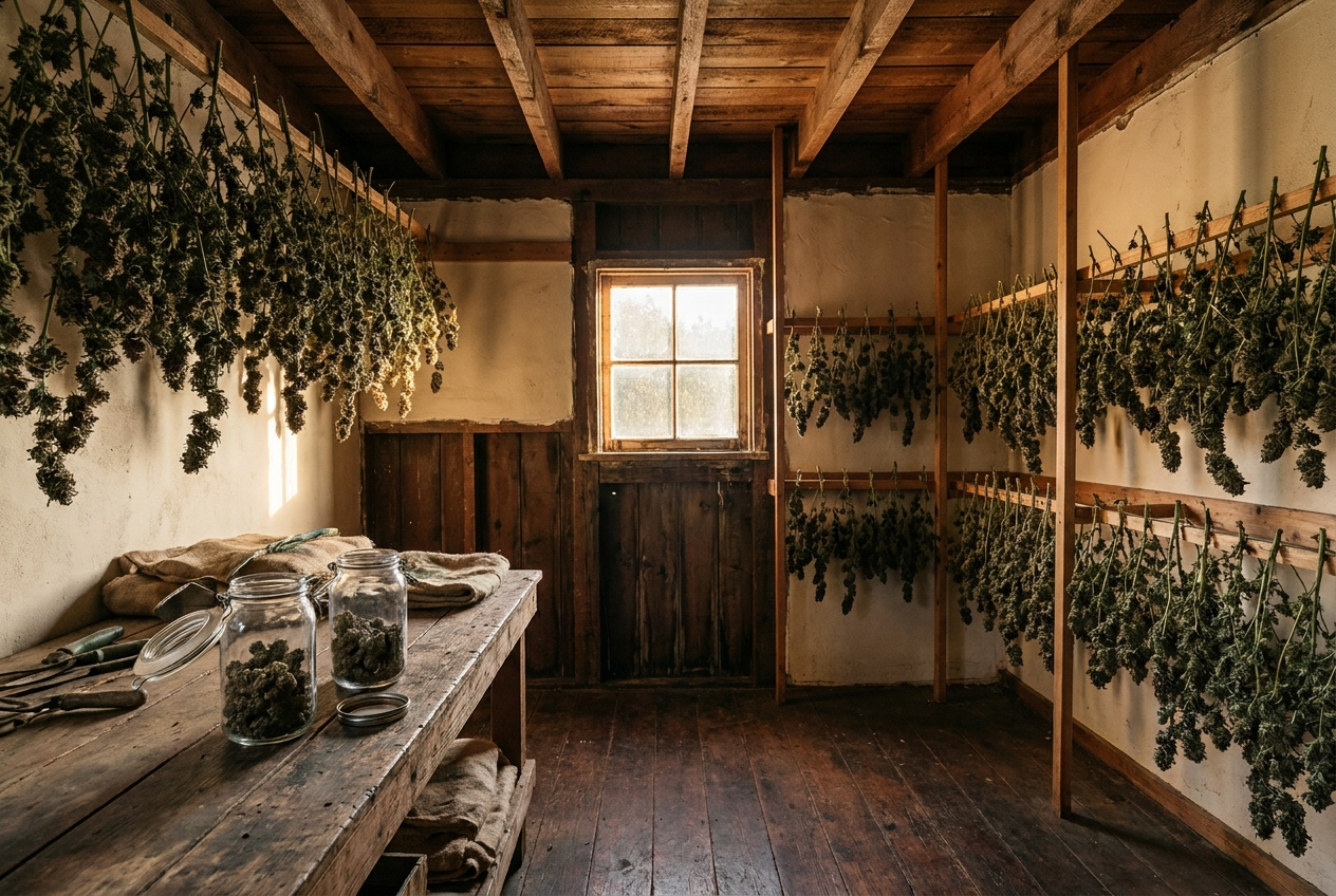 Interior of the Mendocino cure room — drying racks of cannabis branches and glass jars on a wooden workbench