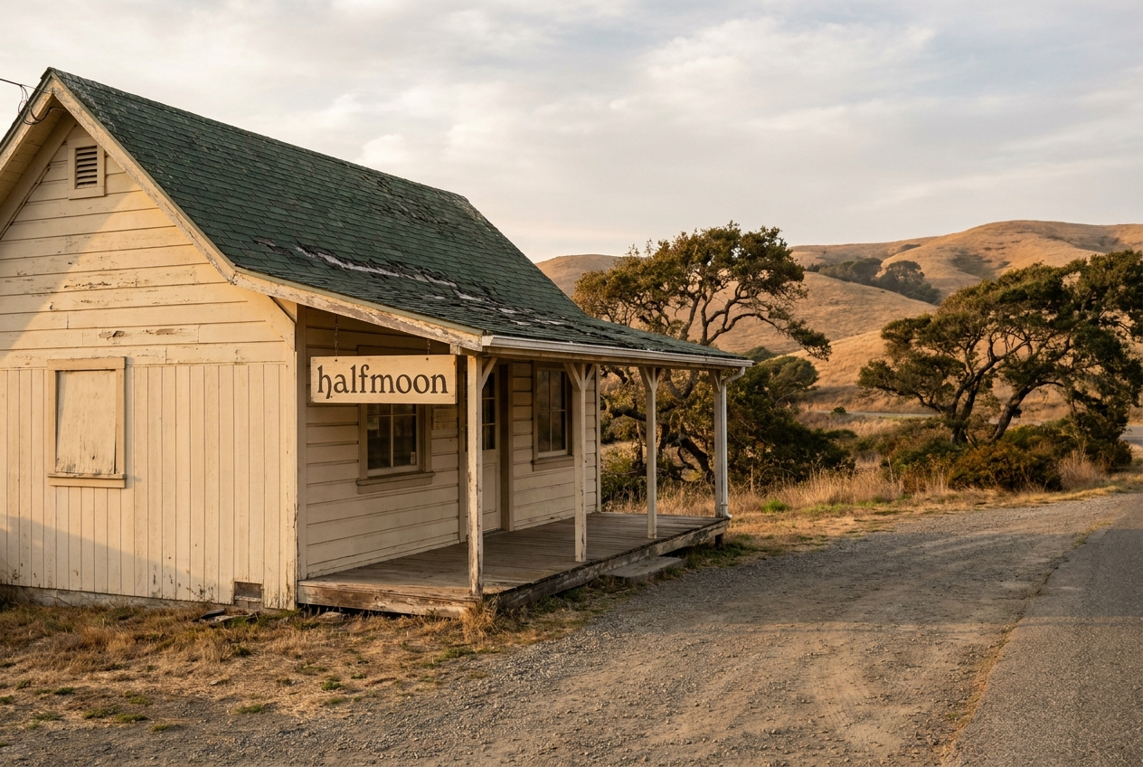 Exterior of the Halfmoon farmstand on the Mendocino coast — weathered wood building with hanging sign