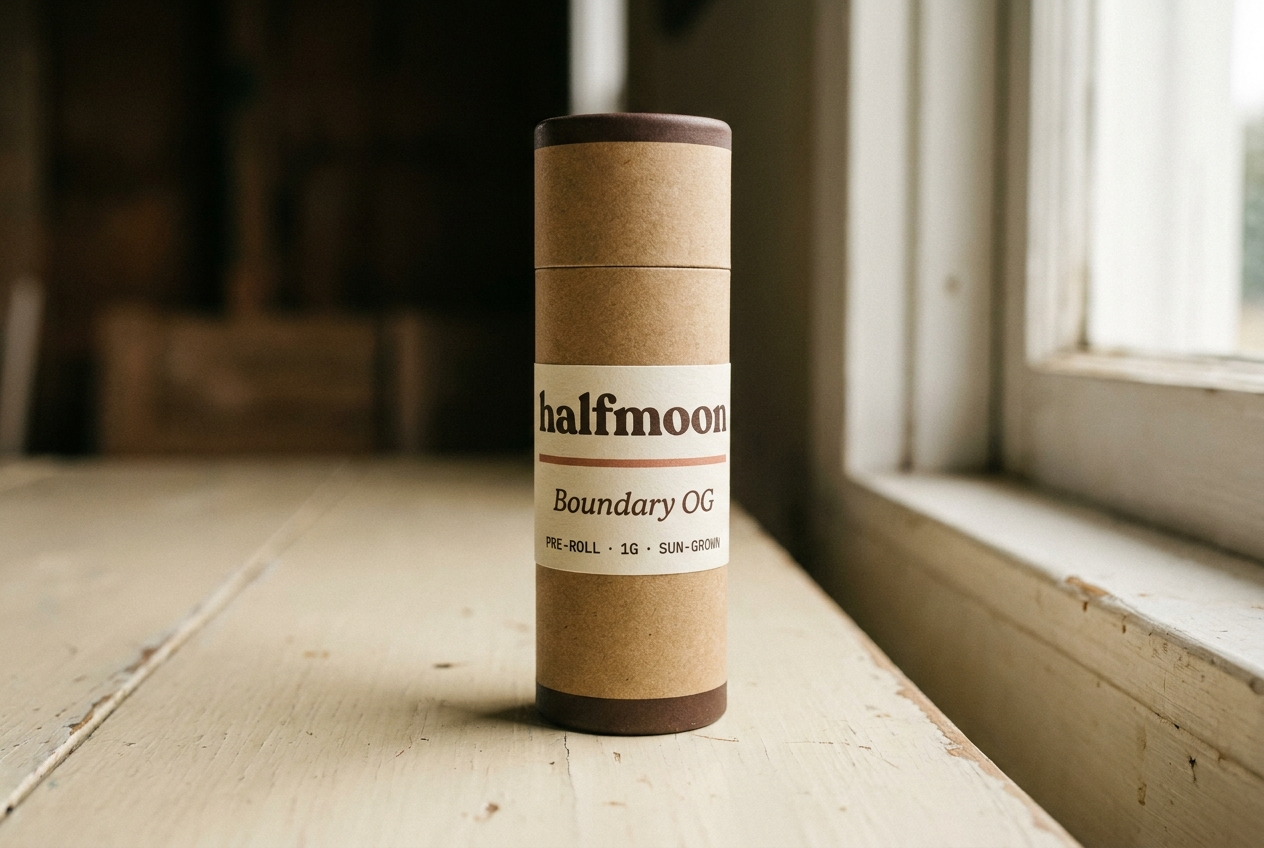 Halfmoon pre-roll in kraft cardboard tube with cream-paper label band