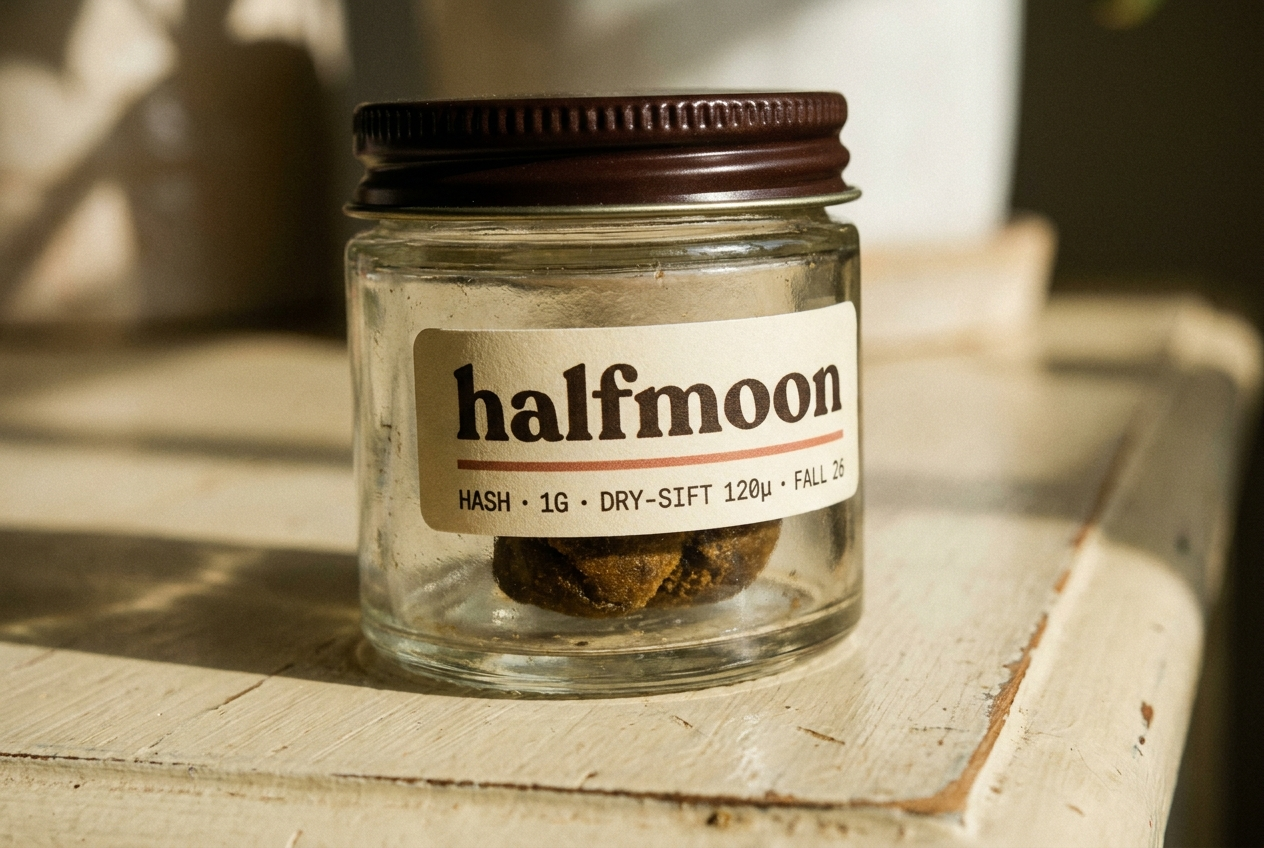 Halfmoon hash jar in vintage glass with cream-paper label