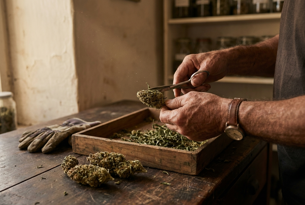 Close-up of a weathered older man's hands hand-trimming cannabis flower on a dark wood workbench
