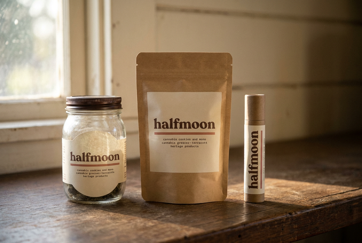 Halfmoon fall harvest still life — glass jar, kraft bag, pre-roll tube on a dark oak counter