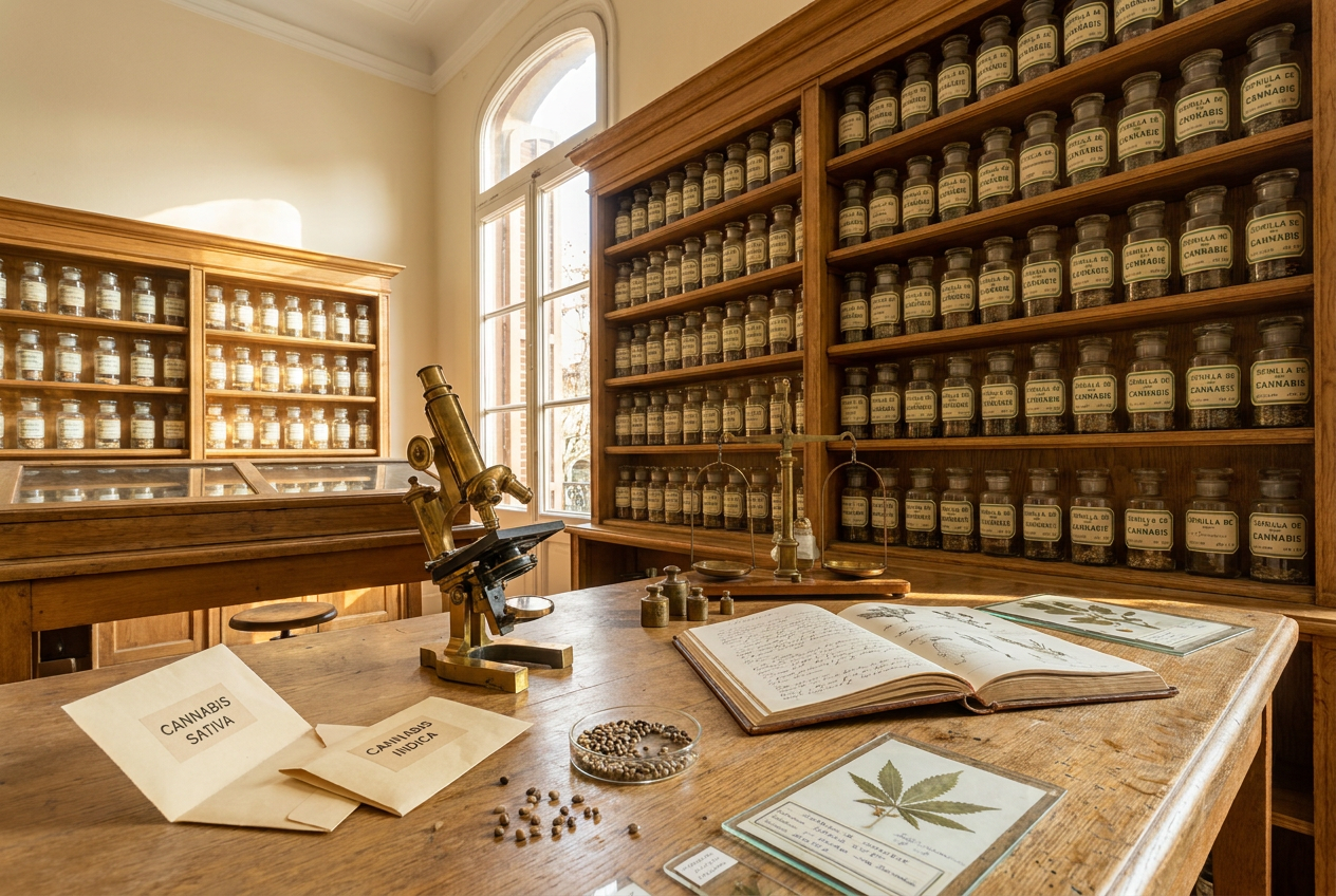 Lineage Barcelona genetics lab interior — botanical specimens, microscope, oak workbench