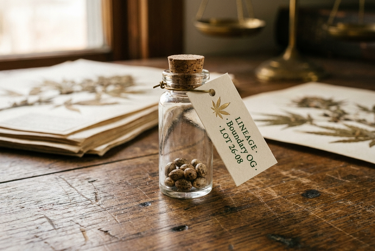 Apothecary vial with Lineage Boundary OG seeds