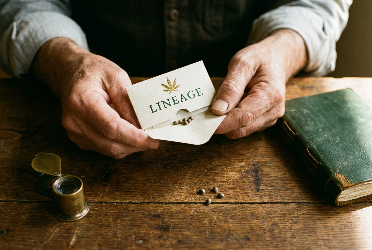 An older scientist's hands gently handling cannabis seeds in a Lineage seed pack