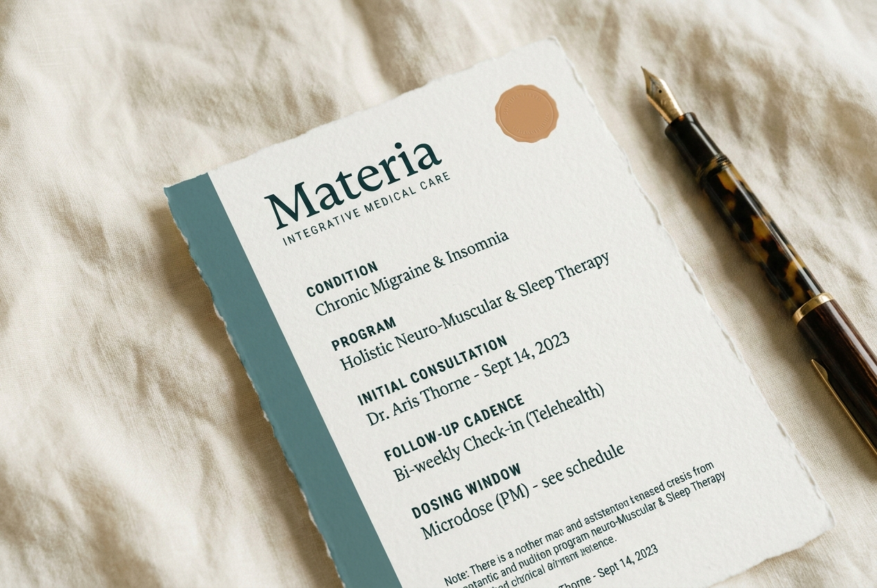 Materia care plan card &mdash; cream cotton stock, teal accent bar, amber circle