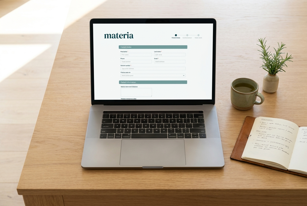 Telehealth setup &mdash; Materia interface on a laptop