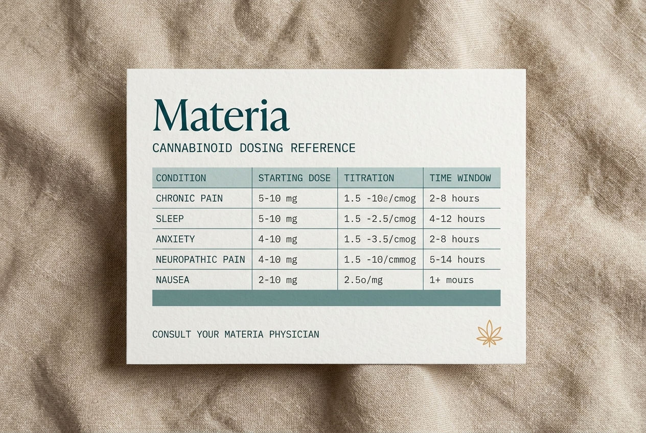 Cannabinoid dosing reference card &mdash; structured table on cream cotton