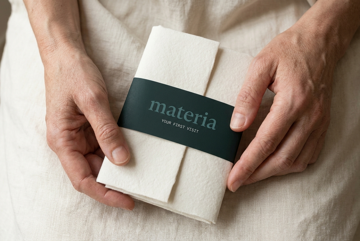 Patient hands holding the Materia welcome packet
