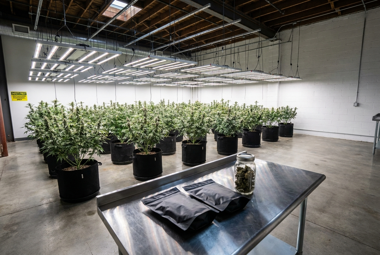 Open Run cultivation room — concrete floor, LED lights, matte black grow pots