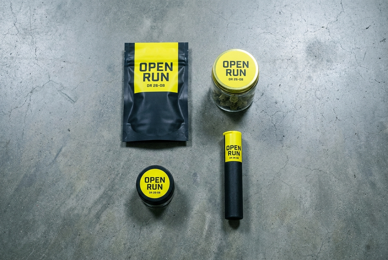 Open Run flat-lay of four products on concrete — bag, jar, pre-roll tube, hash jar