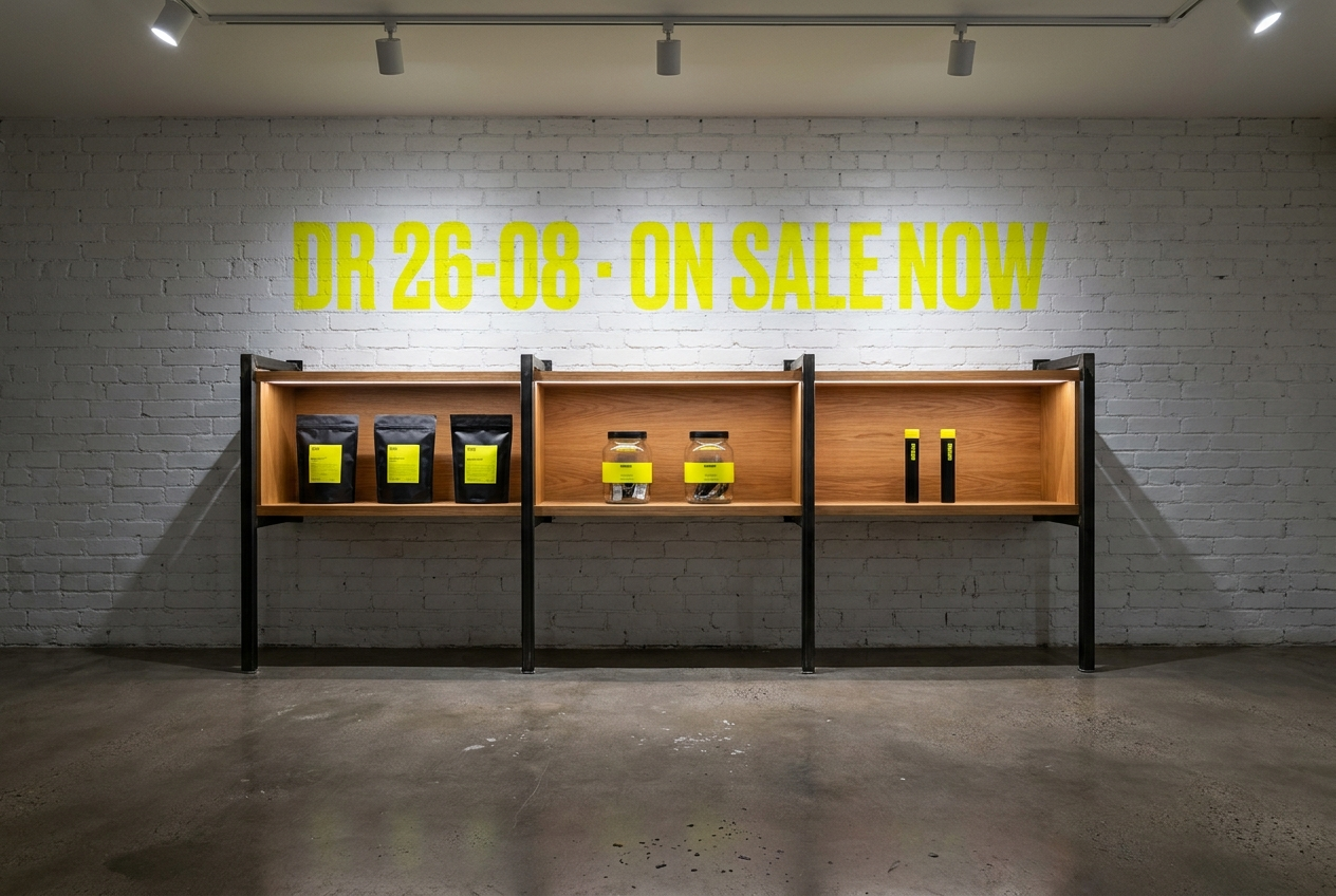 Open Run shelf installation at a California dispensary with white brick wall