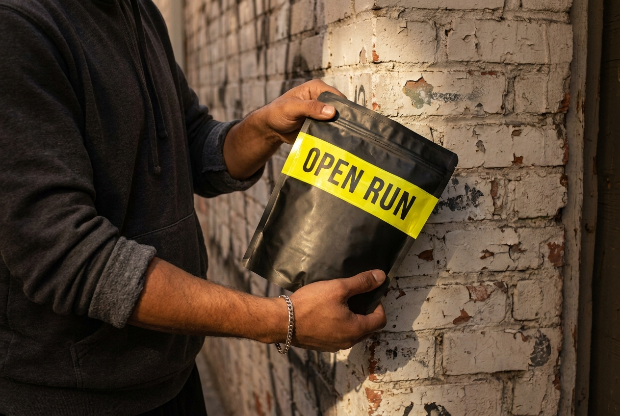 Hands holding an Open Run flower bag against an Oakland brick wall