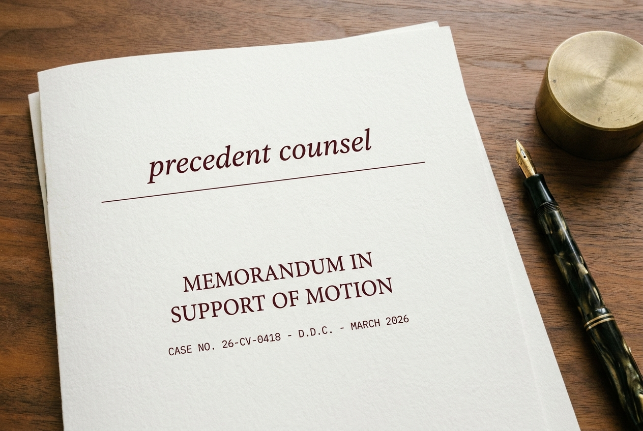 Precedent Counsel brief cover on a walnut desk