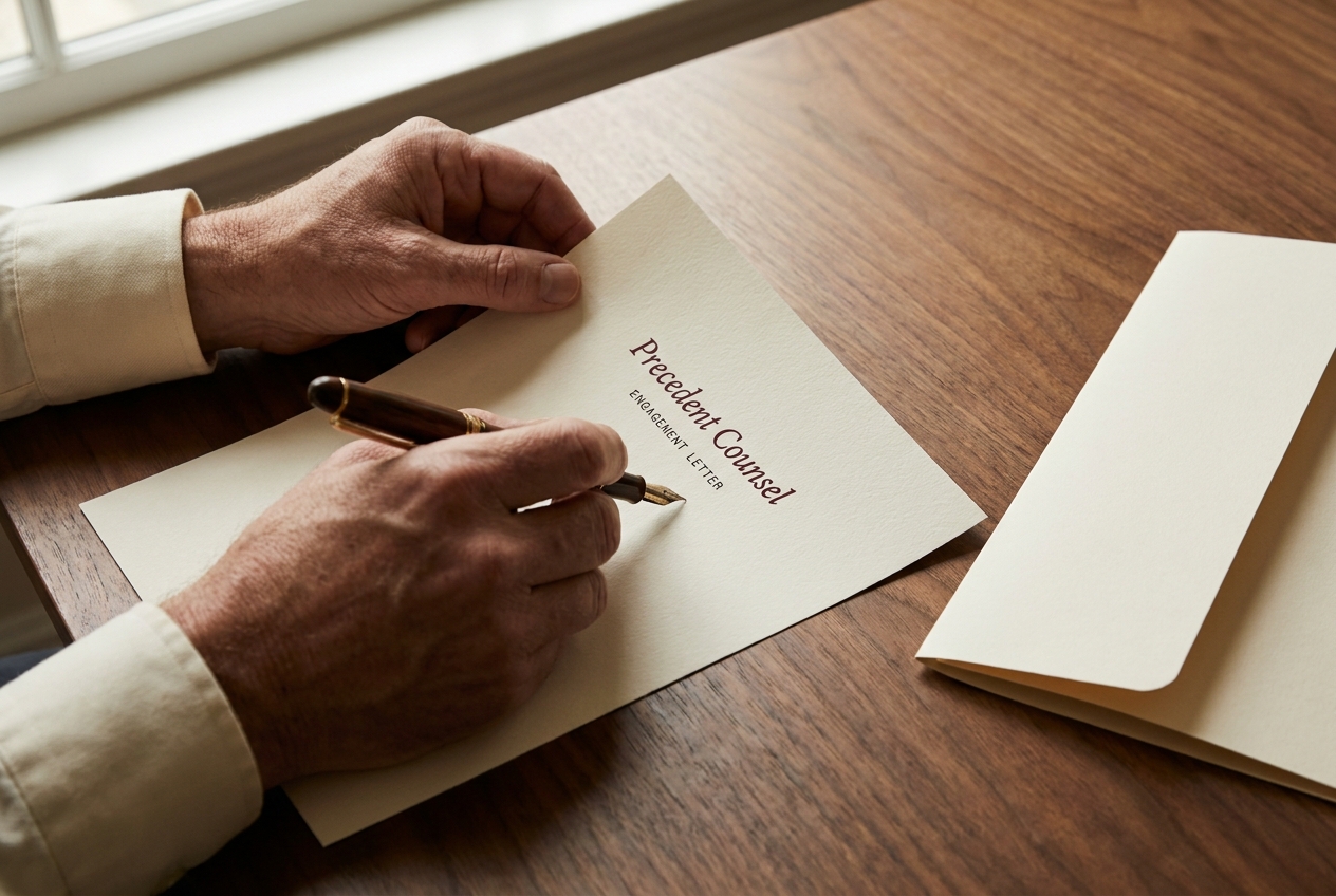Engagement letter signing &mdash; hands and fountain pen