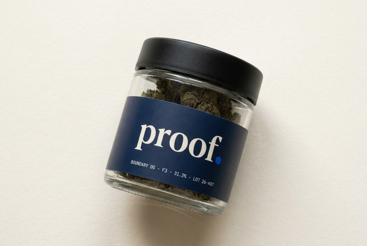 Proof glass jar with deep navy wrap-label, lot code, two-lab attestation