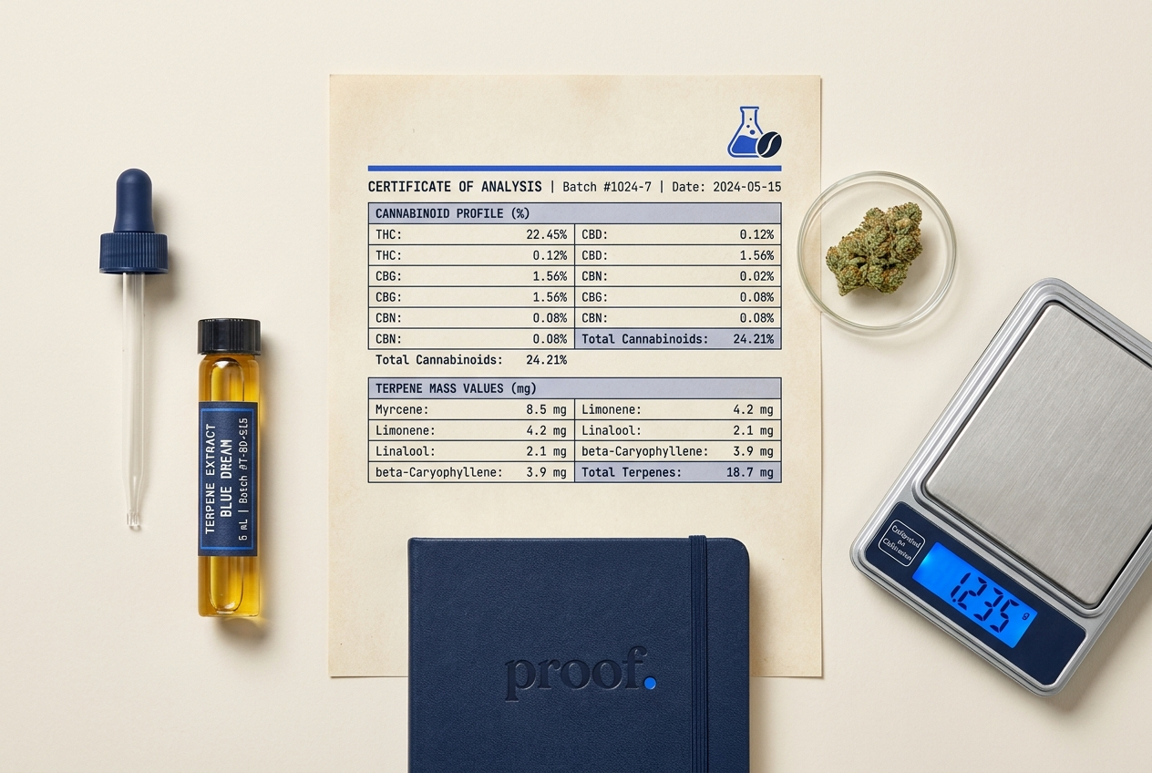 Lab bench flatlay — COA document, petri dish, scale, vial, navy notebook