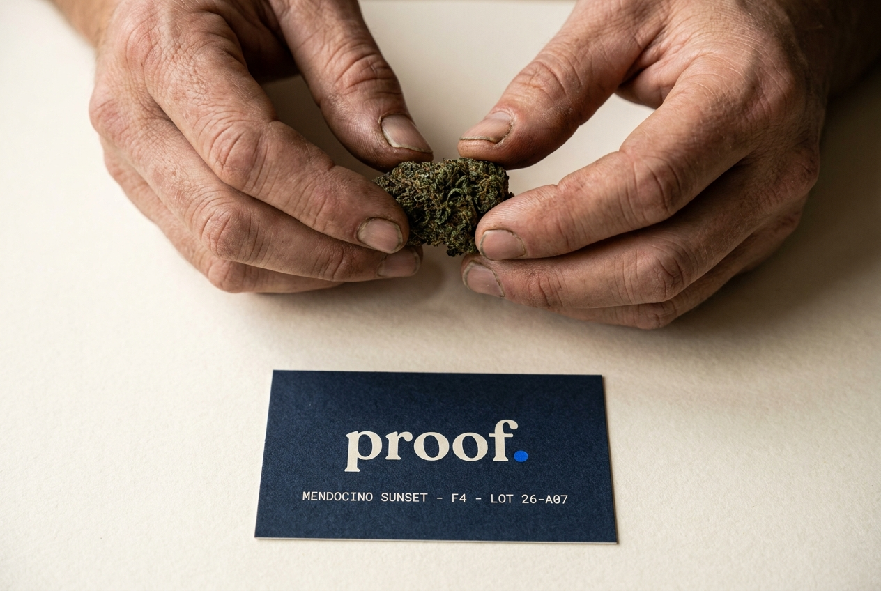 Hands holding a single cured cannabis bud above a navy product card