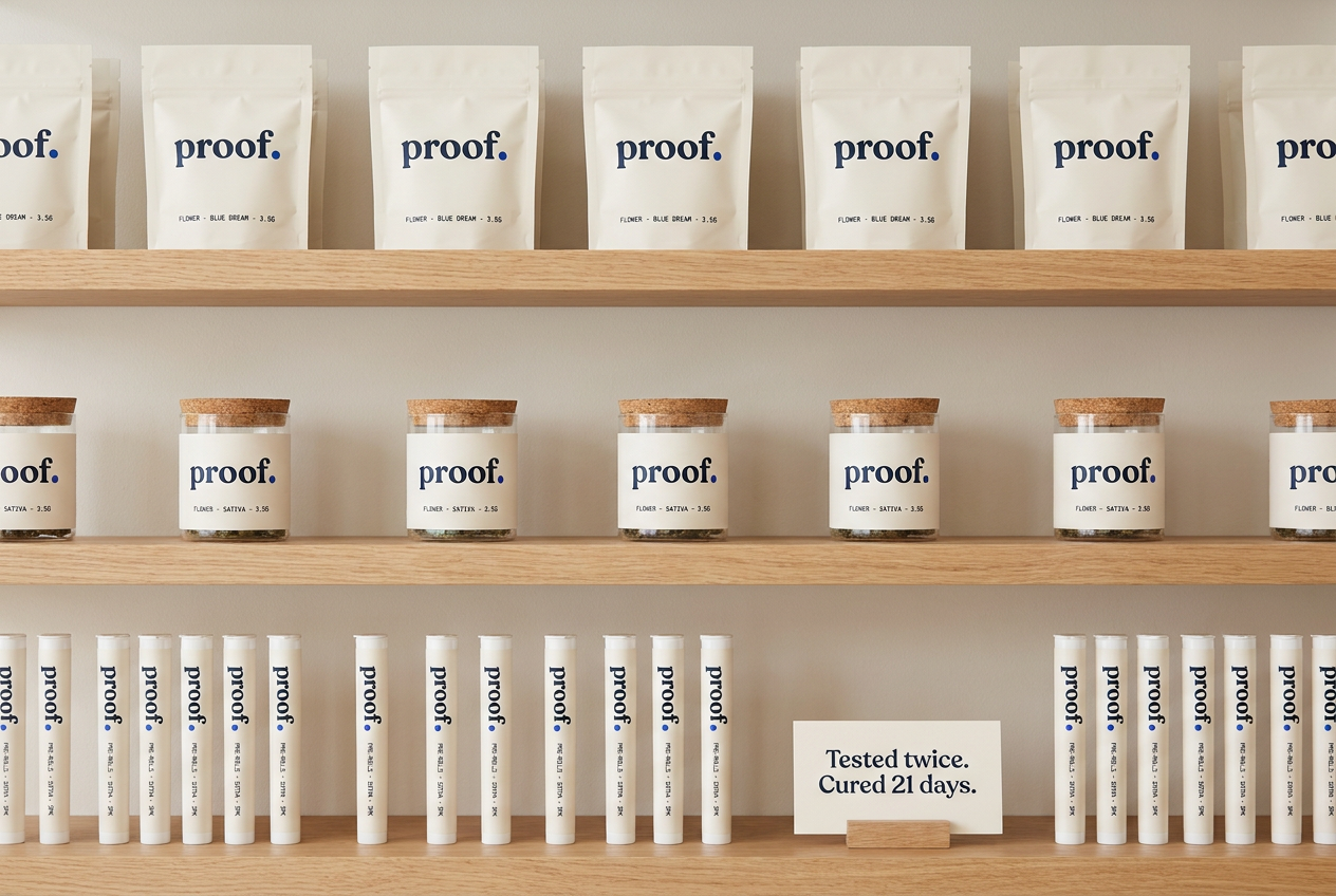 Dispensary shelf with three rows of Proof packaging on light oak