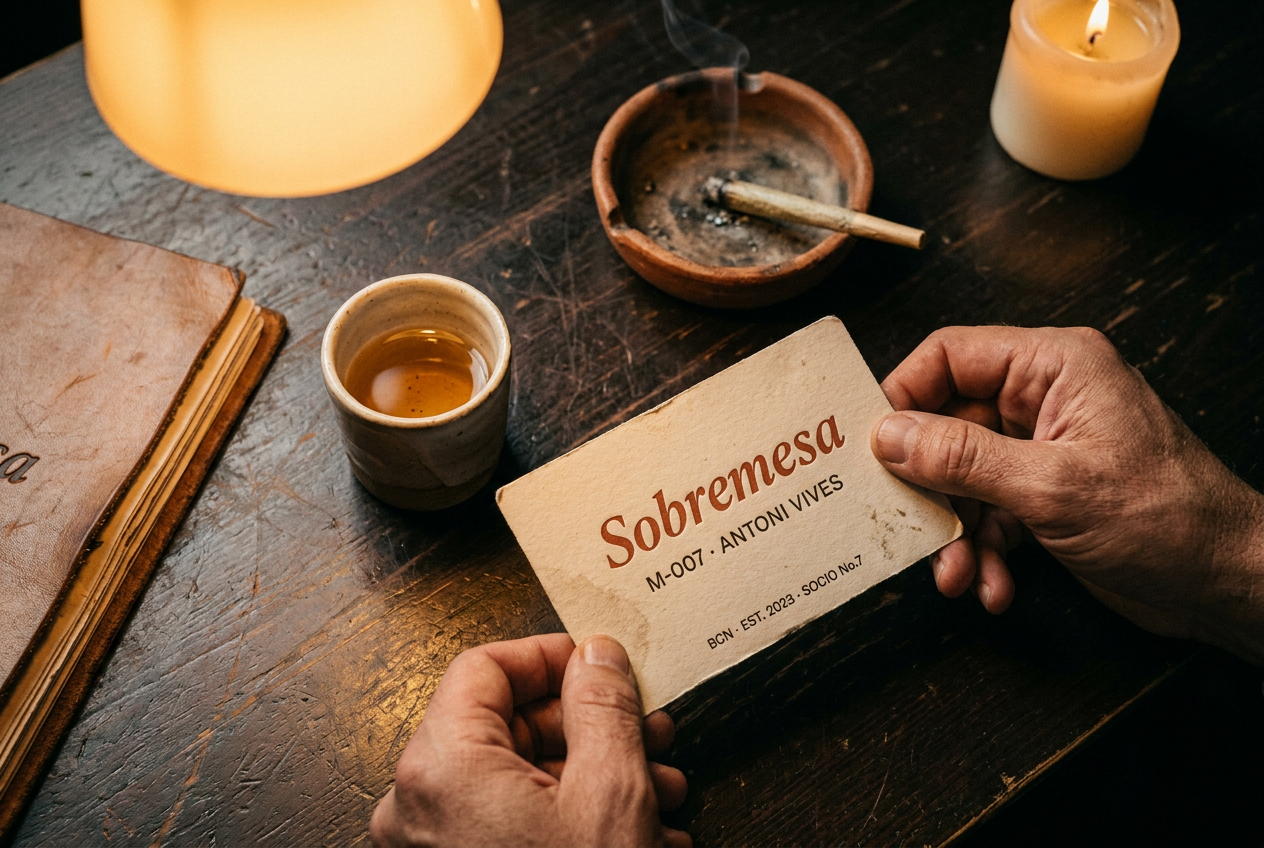 A Sobremesa member card on a candlelit oak table