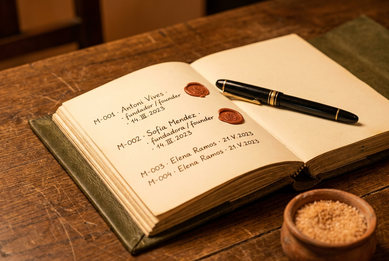 The Sobremesa hand-bound member ledger book on a candlelit oak table