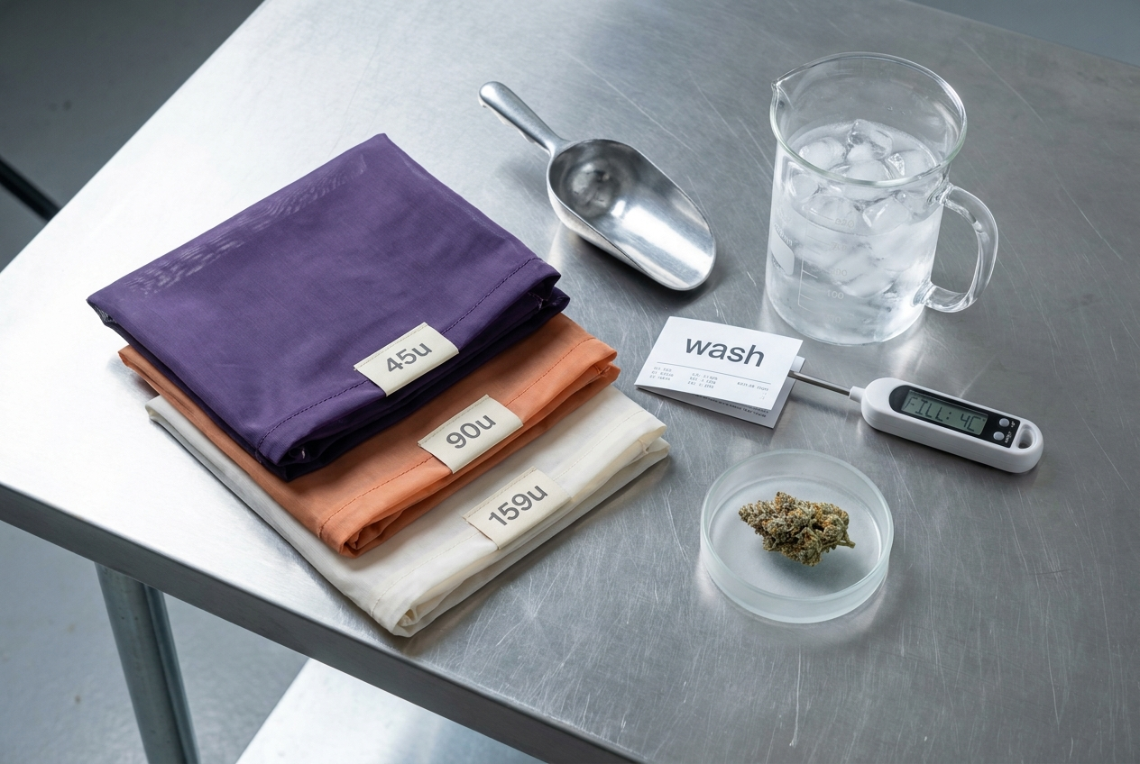 Ice-water hash wash setup — bags, ice, beaker, frozen flower