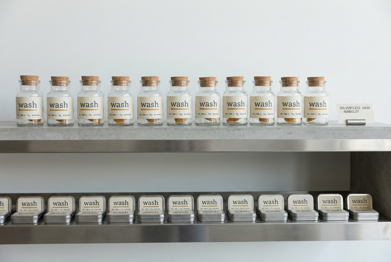 Wash dispensary shelf — jars and tins on polished concrete