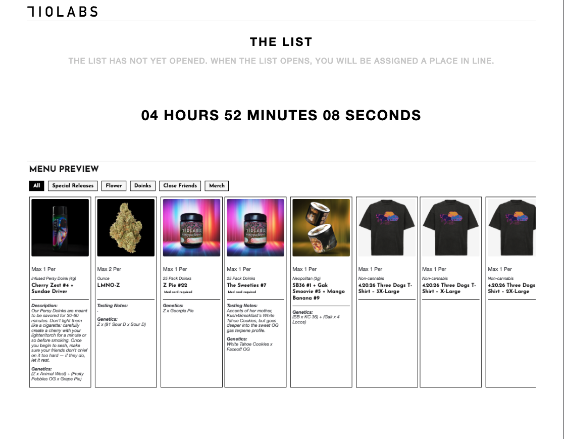 Sanitized screenshot of The List Queue-It waiting room showing the controlled-entry queue timer and menu preview before a limited drop opens.